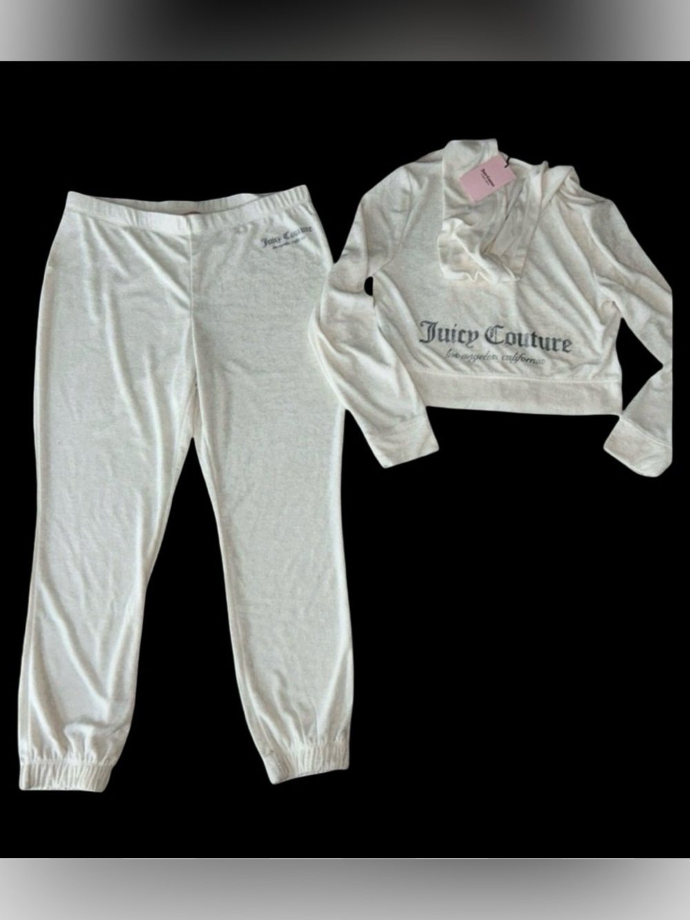 JUICY COUTURE OYSTER WHITE SILVER GLITTER ZIP UP CROPPED JOGGER TRACKSUIT NWT